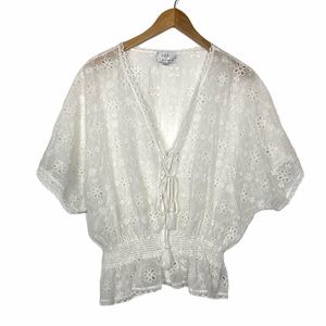 Johnny Was Jade Nithya Smocked Eyelet Top White Lg